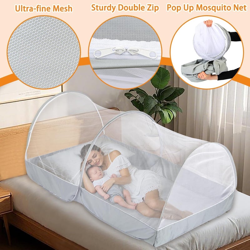 jiangcha Pop Up Mosquito Net for Bed - Portable Mosquito Tent with Dense Mesh - Bed Tent with Easy Fold Durable Mesh for Camping, Travel, Bunk Beds and Home Protection (White Gery) - Image 2
